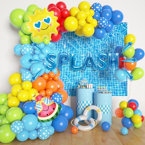 Amandir 159PCS Summer Pool Beach Party Decorations Splash Tropical Balloon Garland Arch Kit Sun Watermelon Foil Balloons for Birthday Swimming Water Luau Hawaiian Baby Shower Party Decorations - Image 1