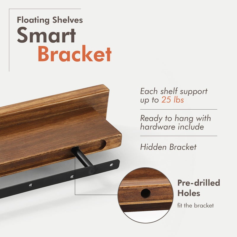 GRID FORTE Wood Floating Shelf Set of 2, 4.5D x 15W Inch Modern Reversible Wall Shelves, Minimalism Wall Mount Hardwood Shelves, Wall Decor for Bedroom Living Room Kitchen (Walnut) - Image 3