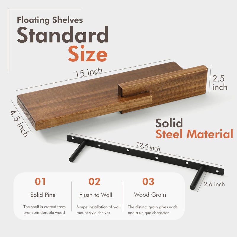 GRID FORTE Wood Floating Shelf Set of 2, 4.5D x 15W Inch Modern Reversible Wall Shelves, Minimalism Wall Mount Hardwood Shelves, Wall Decor for Bedroom Living Room Kitchen (Walnut) - Image 4