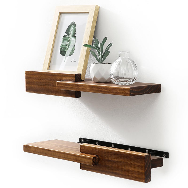 GRID FORTE Wood Floating Shelf Set of 2, 4.5D x 15W Inch Modern Reversible Wall Shelves, Minimalism Wall Mount Hardwood Shelves, Wall Decor for Bedroom Living Room Kitchen (Walnut) - Image 1