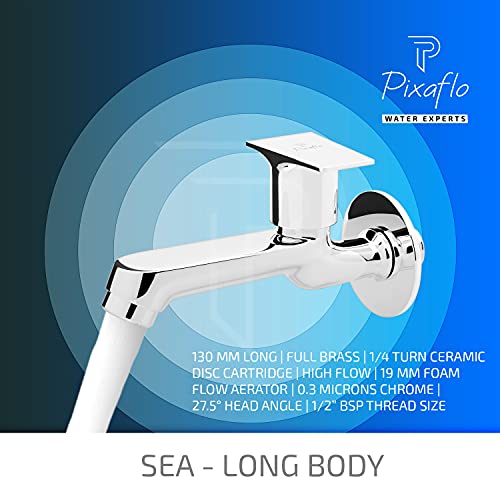Pixaflo Brass Long Body Bib Cock Tap with Wall Flange | Chrome (Sea, 2) - Image 4