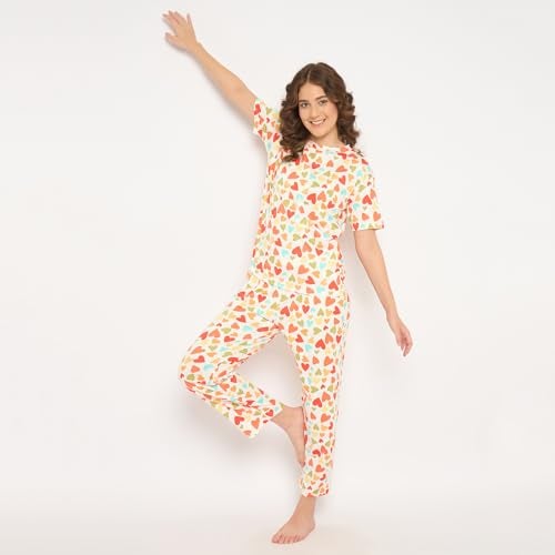 CAMEY Women's Printed Pyjama Set, Short Sleeve T-Shirt and Trousers, Women Nightsuit, Loungewear Sets (Cream Red, M) - Image 2