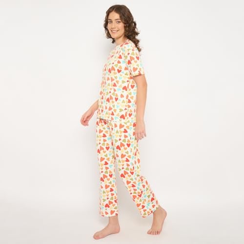 CAMEY Women's Printed Pyjama Set, Short Sleeve T-Shirt and Trousers, Women Nightsuit, Loungewear Sets (Cream Red, M) - Image 3