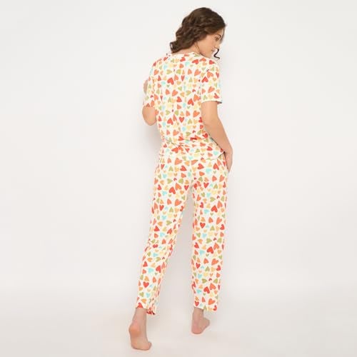 CAMEY Women's Printed Pyjama Set, Short Sleeve T-Shirt and Trousers, Women Nightsuit, Loungewear Sets (Cream Red, M) - Image 5