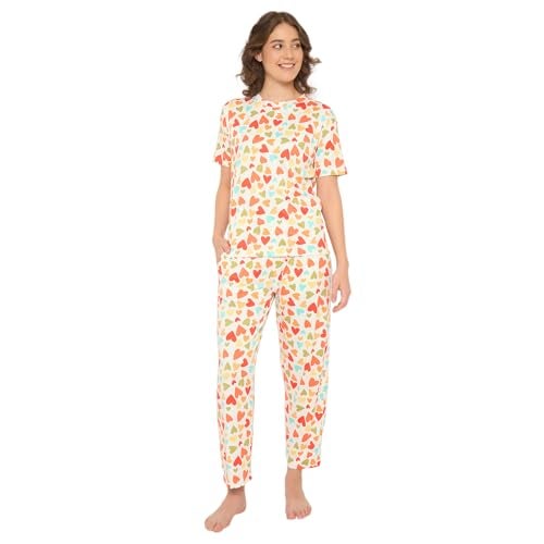 CAMEY Women's Printed Pyjama Set, Short Sleeve T-Shirt and Trousers, Women Nightsuit, Loungewear Sets (Cream Red, M) - Image 1