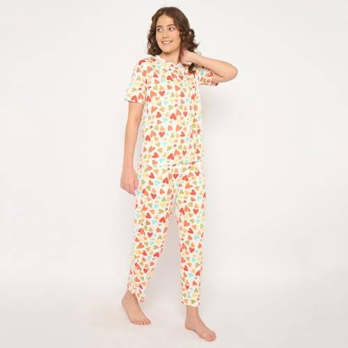 CAMEY Women's Printed Pyjama Set, Short Sleeve T-Shirt and Trousers, Women Nightsuit, Loungewear Sets (Cream Red, M) - Image 4
