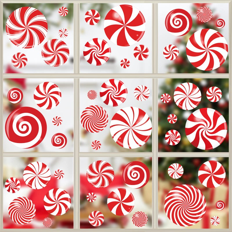 49PCS Christmas Candy Window Decals  Red Peppermint Candy Decorations for Glass Windows  Xmas  Holiday Home Office  School Decorations
