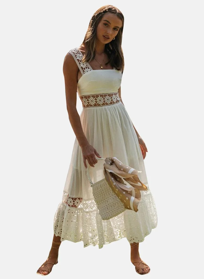 يونيكي Off White Fit & Flare Square Neck Embroidered Dress