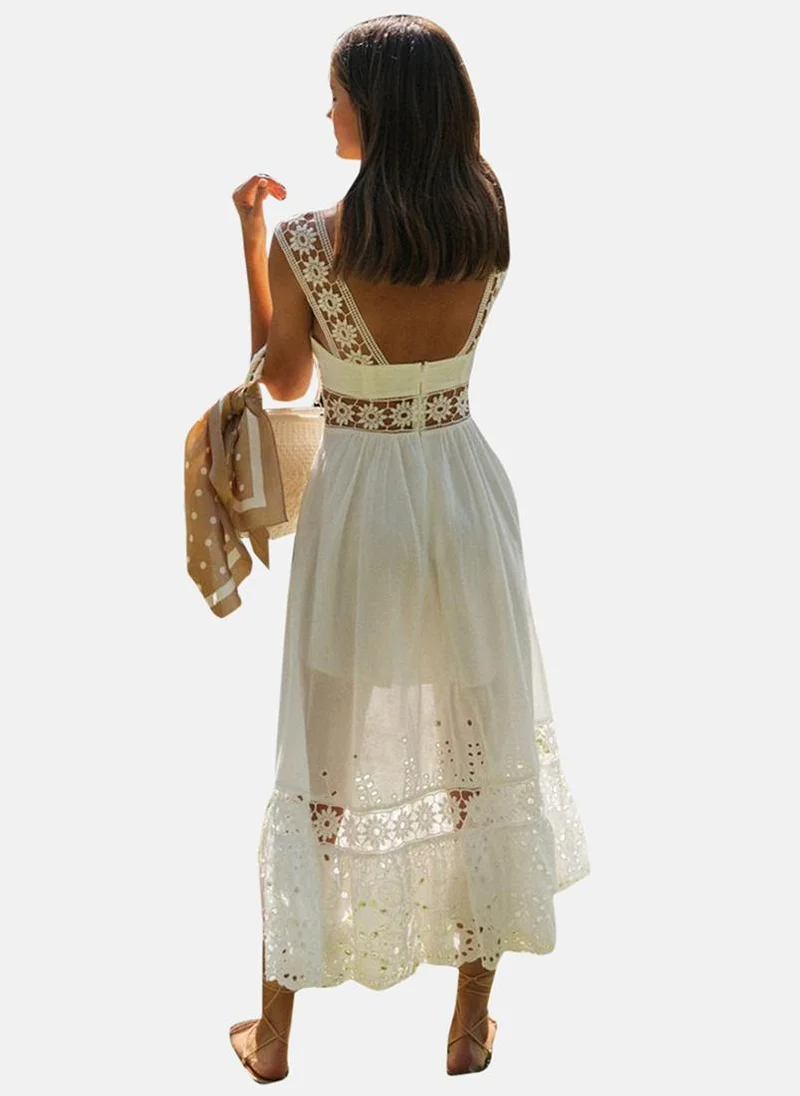 يونيكي Off White Fit & Flare Square Neck Embroidered Dress