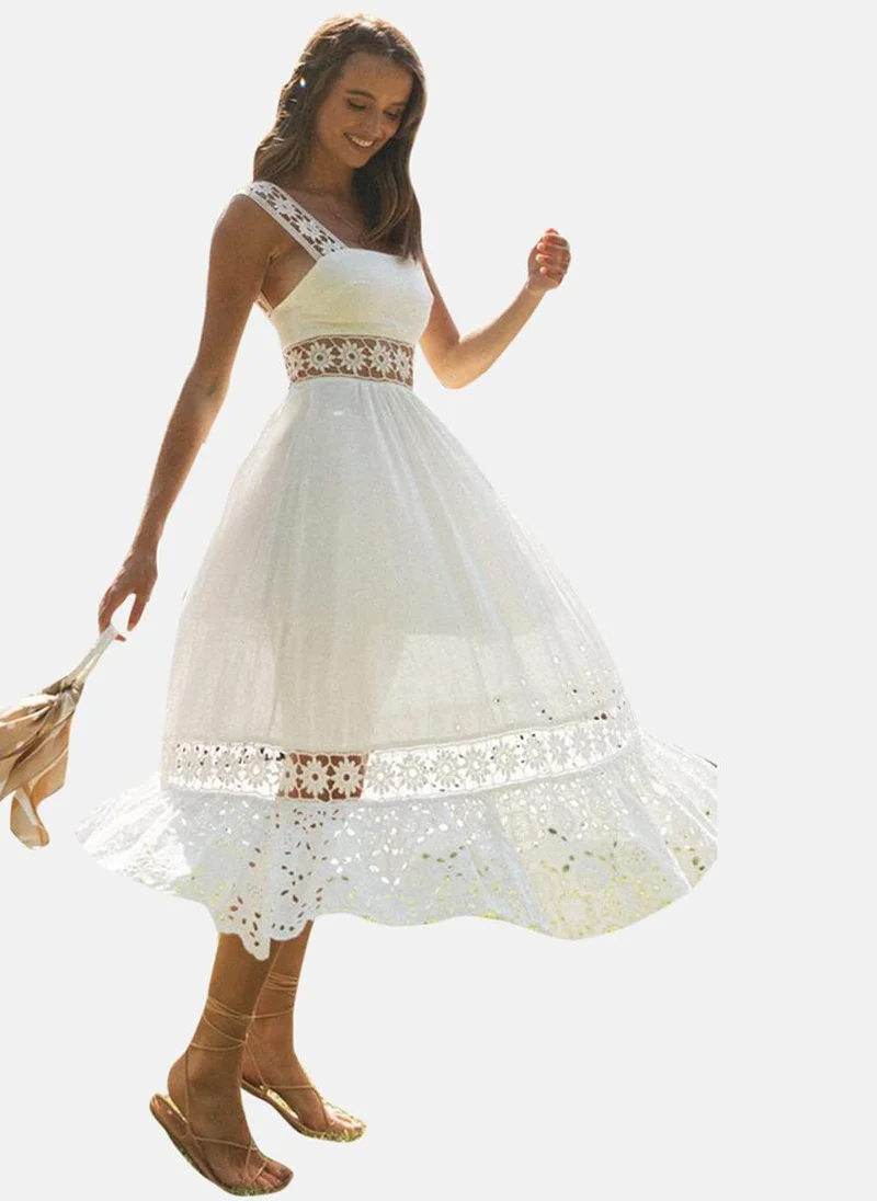 يونيكي Off White Fit & Flare Square Neck Embroidered Dress