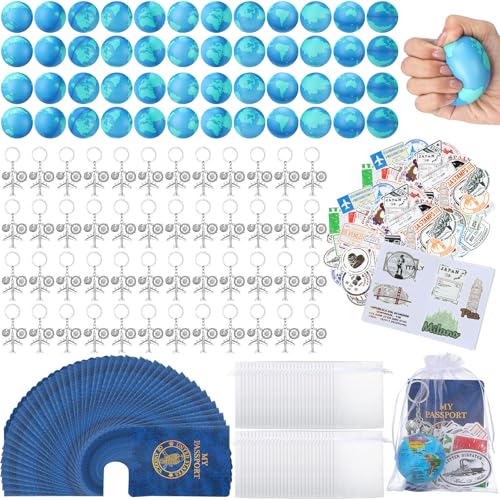 Maitys 440 Pcs Travel Party Earth Stress Balls Airplane Keychain Passport Book with Assorted Travel Stickers for Scrapbooks Organza Bags for Adults Adventure Theme Party Supplies - Image 1