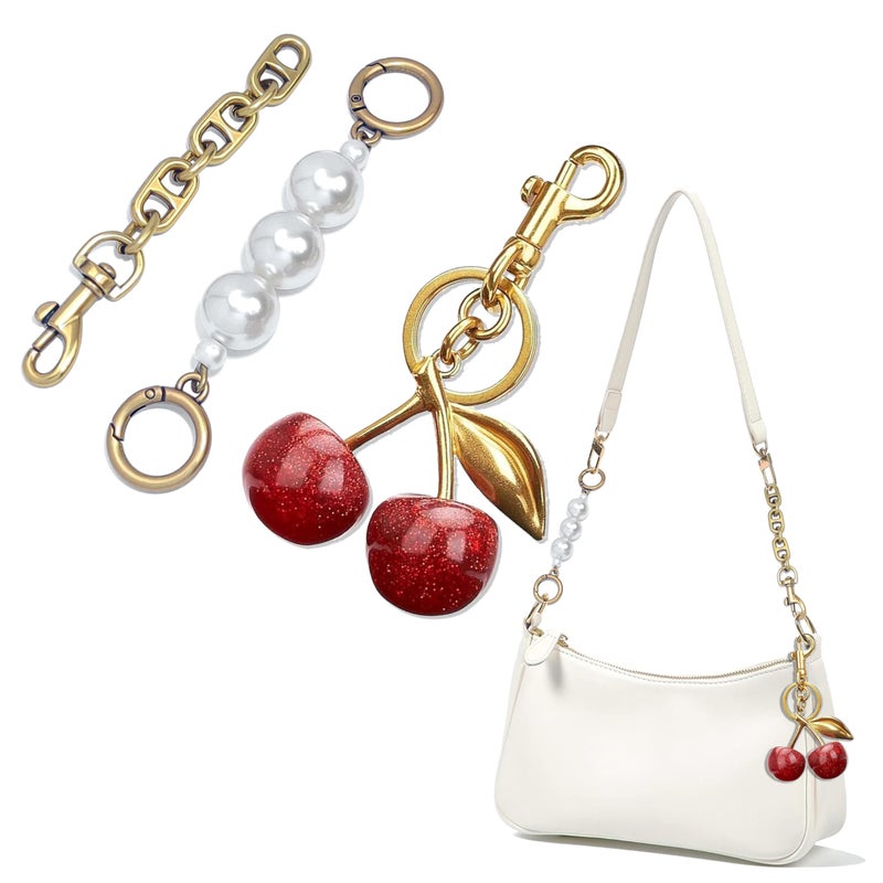 Nalefow 3PCS Vintage Gold Pearl Bag Extender Chain Purse Strap Extenders Sweet Cherry Bag Charm Keychain Purse Handbags Accessories for Womens (Sweet Cherry Pearl Extender Chain) - Image 1