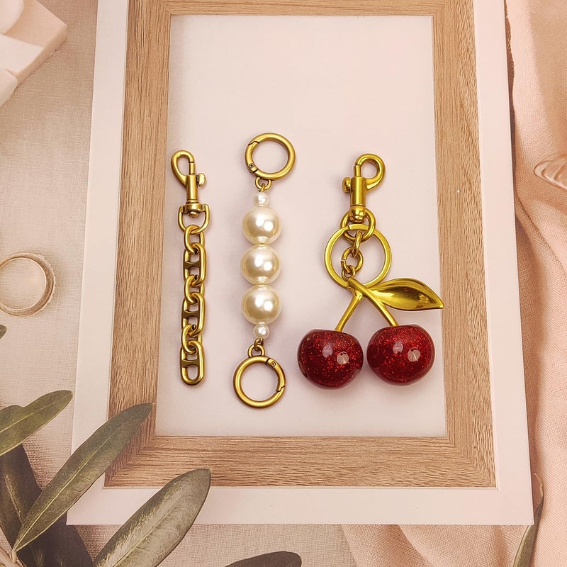 Nalefow 3PCS Vintage Gold Pearl Bag Extender Chain Purse Strap Extenders Sweet Cherry Bag Charm Keychain Purse Handbags Accessories for Womens (Sweet Cherry Pearl Extender Chain) - Image 2