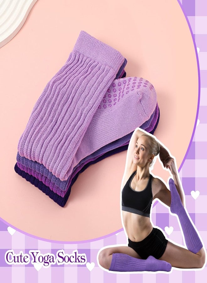 Chicingyou 4 Pairs Cute Pilates Sock with Grip, Soft Long Scrunch Non-slip Yoga Slouch Sock for Women Dance Gym Hospital, Purple Tones, One size - Image 5