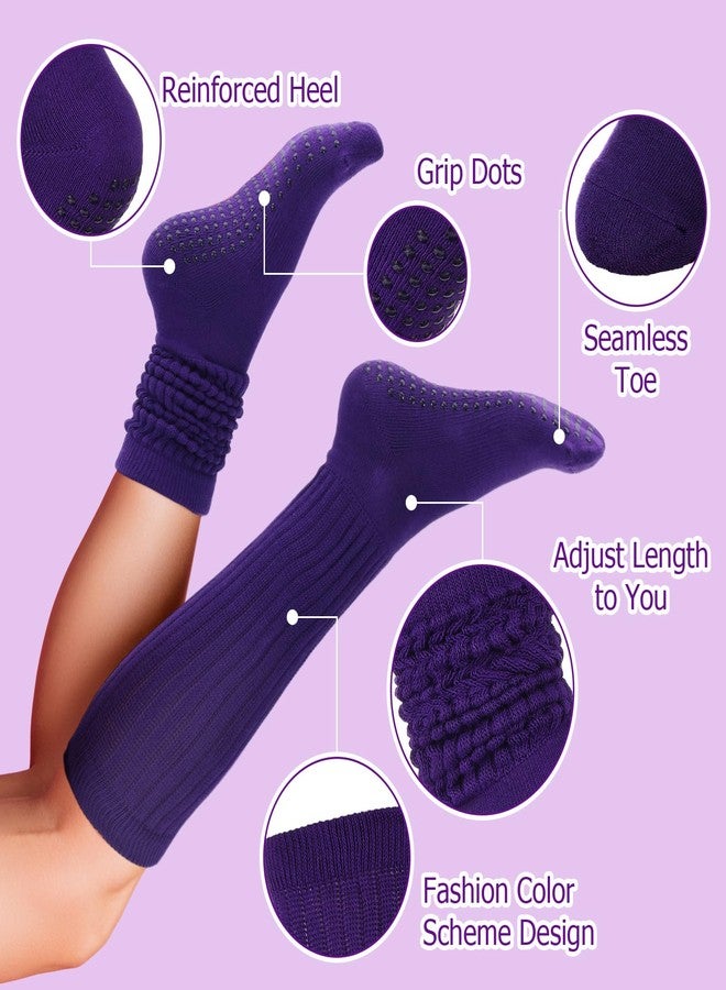 Chicingyou 4 Pairs Cute Pilates Sock with Grip, Soft Long Scrunch Non-slip Yoga Slouch Sock for Women Dance Gym Hospital, Purple Tones, One size - Image 3