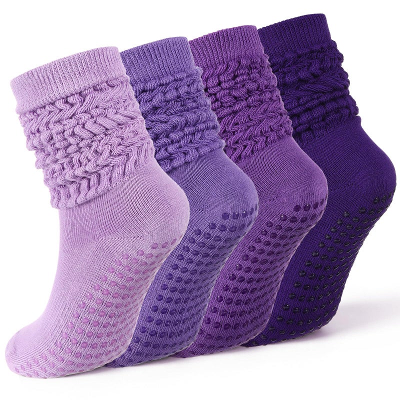 Chicingyou 4 Pairs Cute Pilates Sock with Grip, Soft Long Scrunch Non-slip Yoga Slouch Sock for Women Dance Gym Hospital, Purple Tones, One size - Image 1