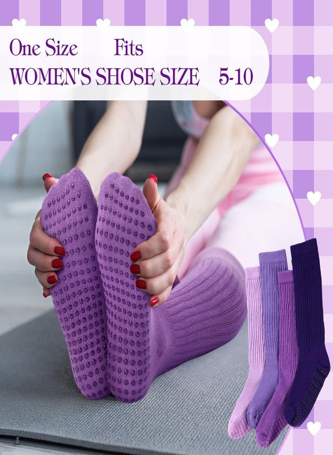 Chicingyou 4 Pairs Cute Pilates Sock with Grip, Soft Long Scrunch Non-slip Yoga Slouch Sock for Women Dance Gym Hospital, Purple Tones, One size - Image 4
