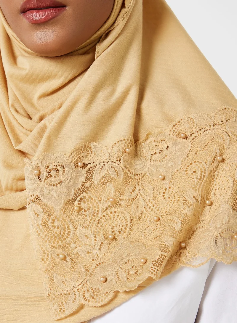 Khizana Pearl Lace Detail Pleated Long Hijab Scarf