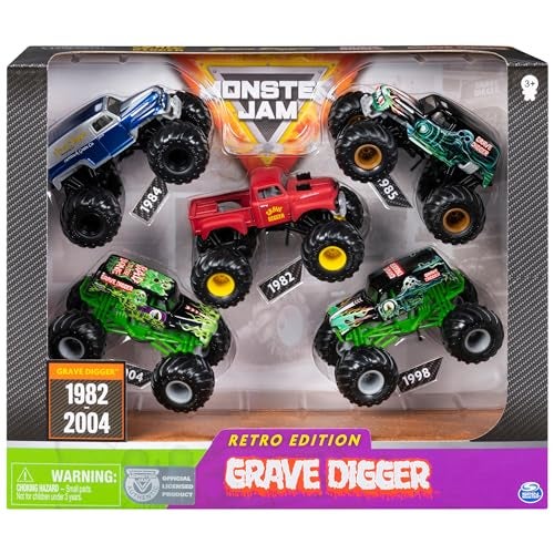 Monster Jam Grave Digger Monster Truck 5pc Value Pack: 1:64 Scale Retro Die-Cast Gift Set with Iconic Models (1982-2005) Chrome Rims and BKT Tires - Authentic Collectible for Fans & Birthday Parties - Image 1
