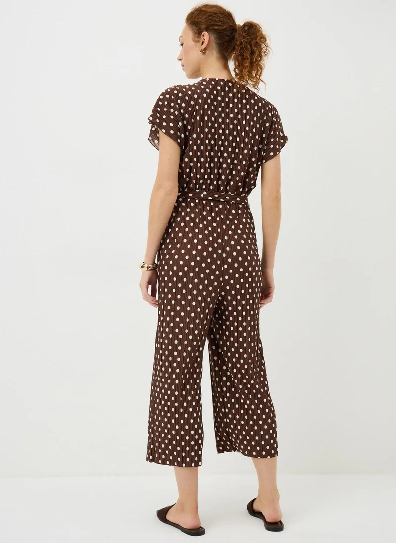 ماتلان Brown Polka Dot Plisse Belted Jumpsuit