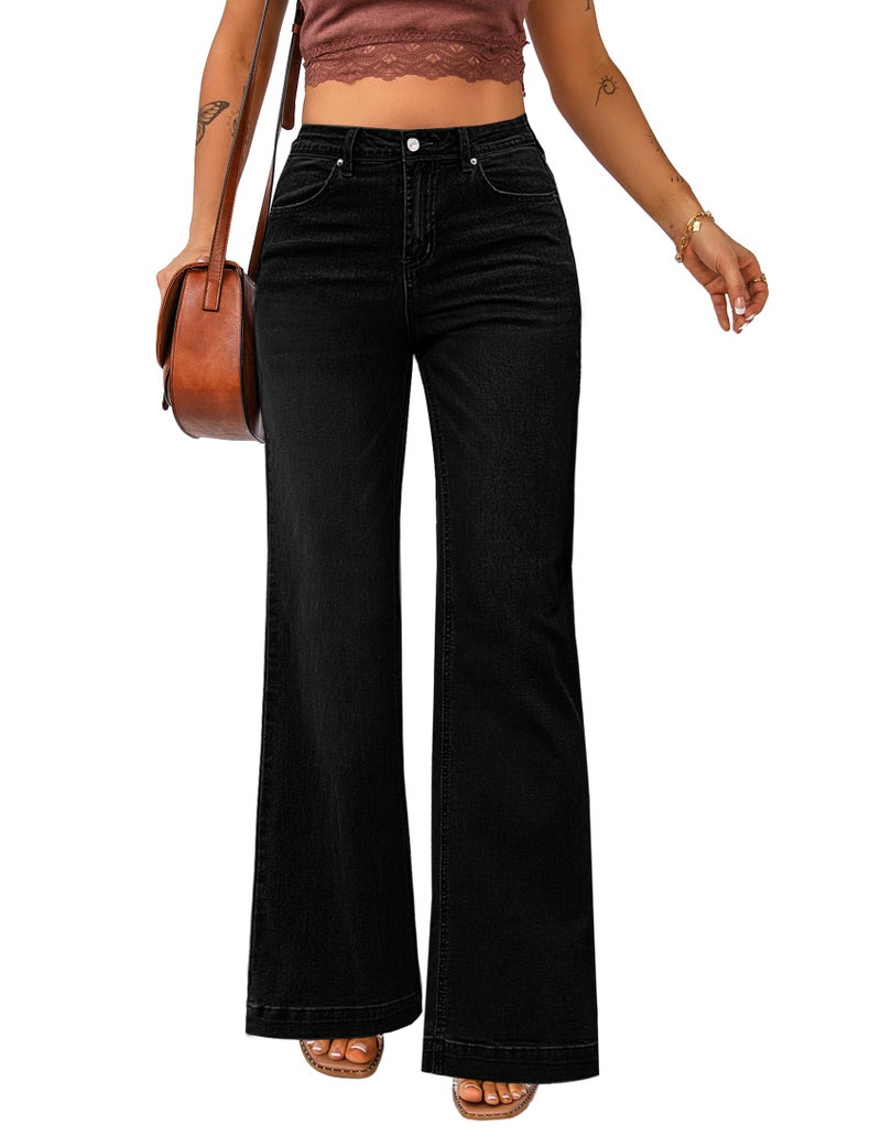 luvamia 2024 Wide Leg Jeans for Women High Waist Stretchy Classic Baggy Flare Jeans Denim Pants Always Black Size Medium US Size 8 to Size 10 - Image 1