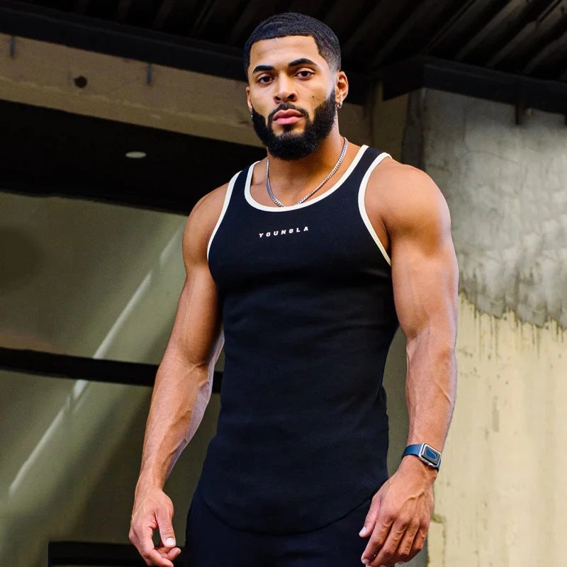 YOUNGLA Summer Gym Tank Tops Mens Sleeveless Running Vest Gray