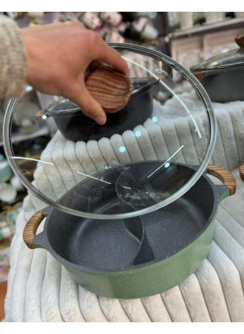 32cm Divided Granite Cooking Pot with Glass Pyrex Lid, Dual-Compartment Pot for Cooking Two Dishes Simultaneously, Heat-Resistant Wood-Look Handles, Compatible with All Cooktops - Image 4