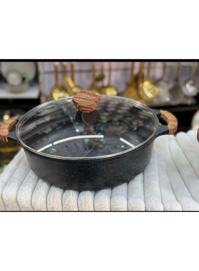 32cm Divided Granite Cooking Pot with Glass Pyrex Lid, Dual-Compartment Pot for Cooking Two Dishes Simultaneously, Heat-Resistant Wood-Look Handles, Compatible with All Cooktops - Image 2