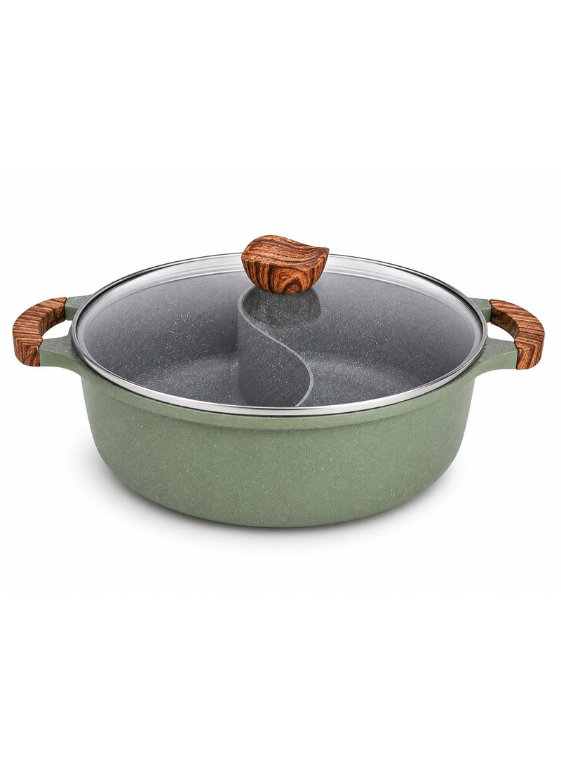 32cm Divided Granite Cooking Pot with Glass Pyrex Lid, Dual-Compartment Pot for Cooking Two Dishes Simultaneously, Heat-Resistant Wood-Look Handles, Compatible with All Cooktops - Image 1