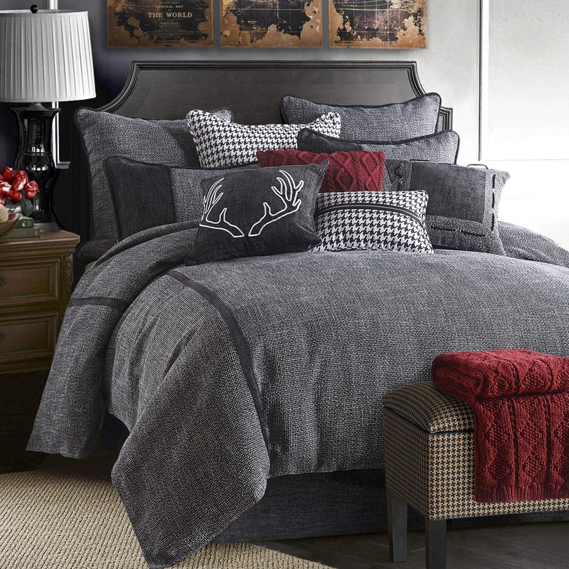 H HIEND ACCENTS HiEnd Accents Hamilton 4 Piece Comforter Set Black and White Tweed Bed Set Super Queen Size Rustic Cabin Lodge Luxury Bedding Set 1 Comforter 1 Bed Skirt 2 Pillow Shams 