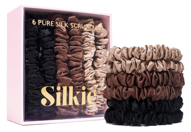 SILKIE x6 Set 100% Pure Mulberry Silk Black Brown Chocolate Pink Nude Neutral Skinny Scrunchies Travel Pouch Everyday Hair Ties Elastics Hair Care Ponytail Holder No Damage (Truffle) - Image 2