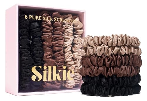 SILKIE x6 Set 100% Pure Mulberry Silk Black Brown Chocolate Pink Nude Neutral Skinny Scrunchies Travel Pouch Everyday Hair Ties Elastics Hair Care Ponytail Holder No Damage (Truffle) - Image 1