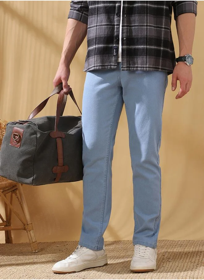دينيس لينغو Straight Fit Solid Indigo 78% cotton 20% Poly 2% spandex Mid Rise Waist Full Length Woven Weave Jean for Men with Button/Zip Closure -a must-have piece for fashion-forward minds.