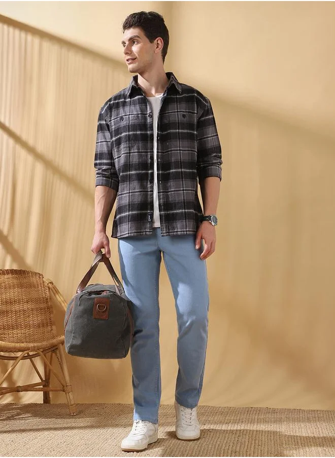 دينيس لينغو Straight Fit Solid Indigo 78% cotton 20% Poly 2% spandex Mid Rise Waist Full Length Woven Weave Jean for Men with Button/Zip Closure -a must-have piece for fashion-forward minds.