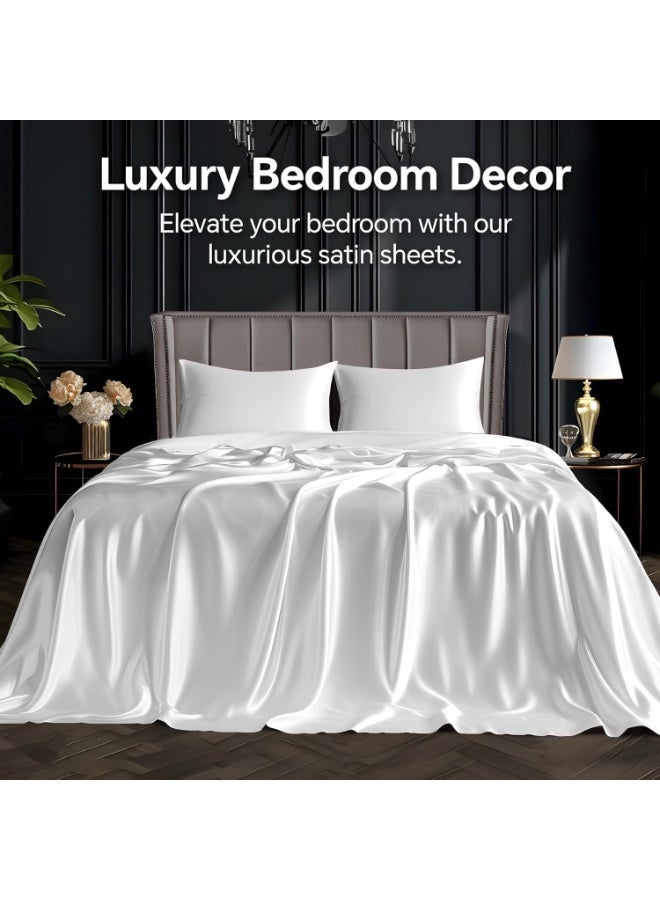 BEDELITE Satin Sheets Queen Size Bed Set, Luxury Soft White Silky Sheets for Hair and Skin, Similar to Silk Bed Sheets Set 4 Pieces （1 Deep Pocket Fitted Sheet, 1 Flat Sheet, and 2 Pillowcases） - Image 2