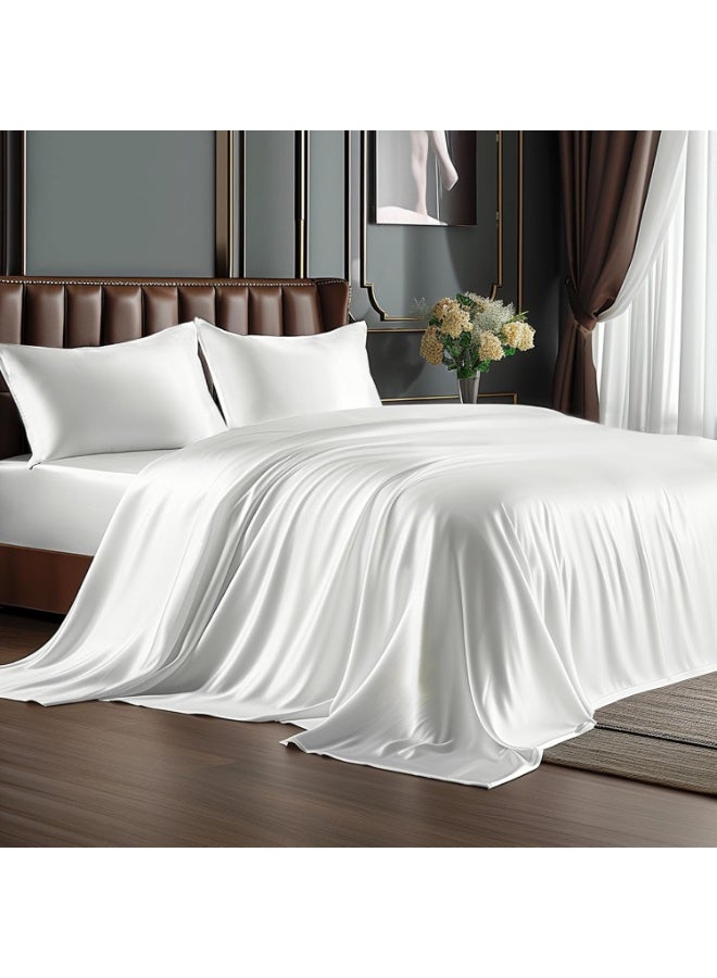 BEDELITE Satin Sheets Queen Size Bed Set, Luxury Soft White Silky Sheets for Hair and Skin, Similar to Silk Bed Sheets Set 4 Pieces （1 Deep Pocket Fitted Sheet, 1 Flat Sheet, and 2 Pillowcases） - Image 1