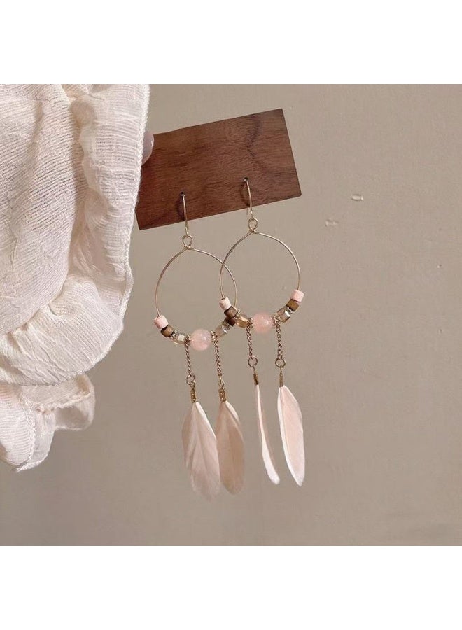 Goolsky Feather & Beaded Earrings – Long Statement Dangle Jewelry for Women, Feather & Beads Lightweight, Bohemian/Beach/Outdoor Outfits, Summer/Vacation Wear - Image 1