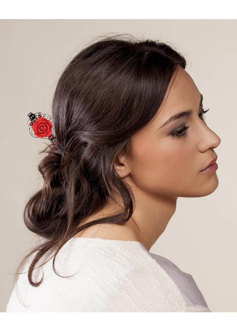 أوزيغالور 3 قطع أعواد شعر خشبية ريترو مع شرابات وزهور - إكسسوارات شعر وردية مصنوعة يدوياً للنساء والفتيات  - Image 5