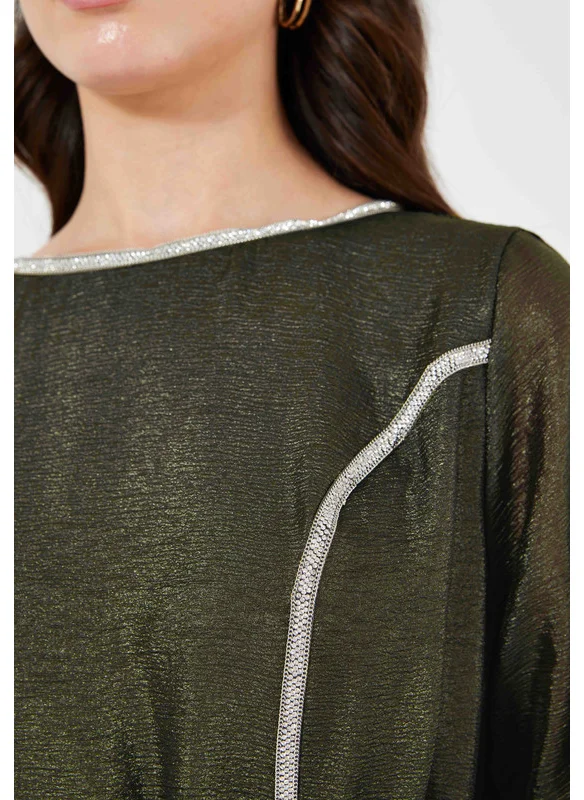 Amri Sheer Long Sleeves Crystal Detail A-Line Gown