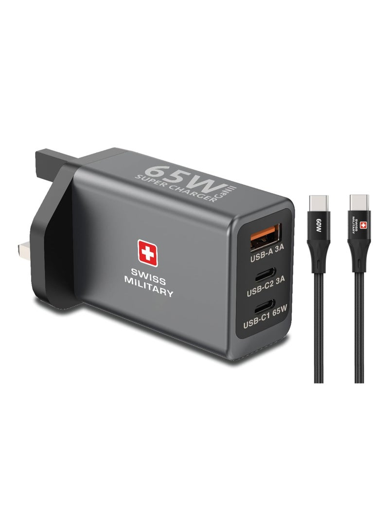SWISS MILITARY 65W GaN II 3 Port Fast Charger | 2 USB-C PD & 1 USB-A Port | 60W Braided Cable included| Compatible with Macbook/HP/Dell/Lenovo, iPad, iPhone, Samsung, etc | 5Yr Warranty - Image 1