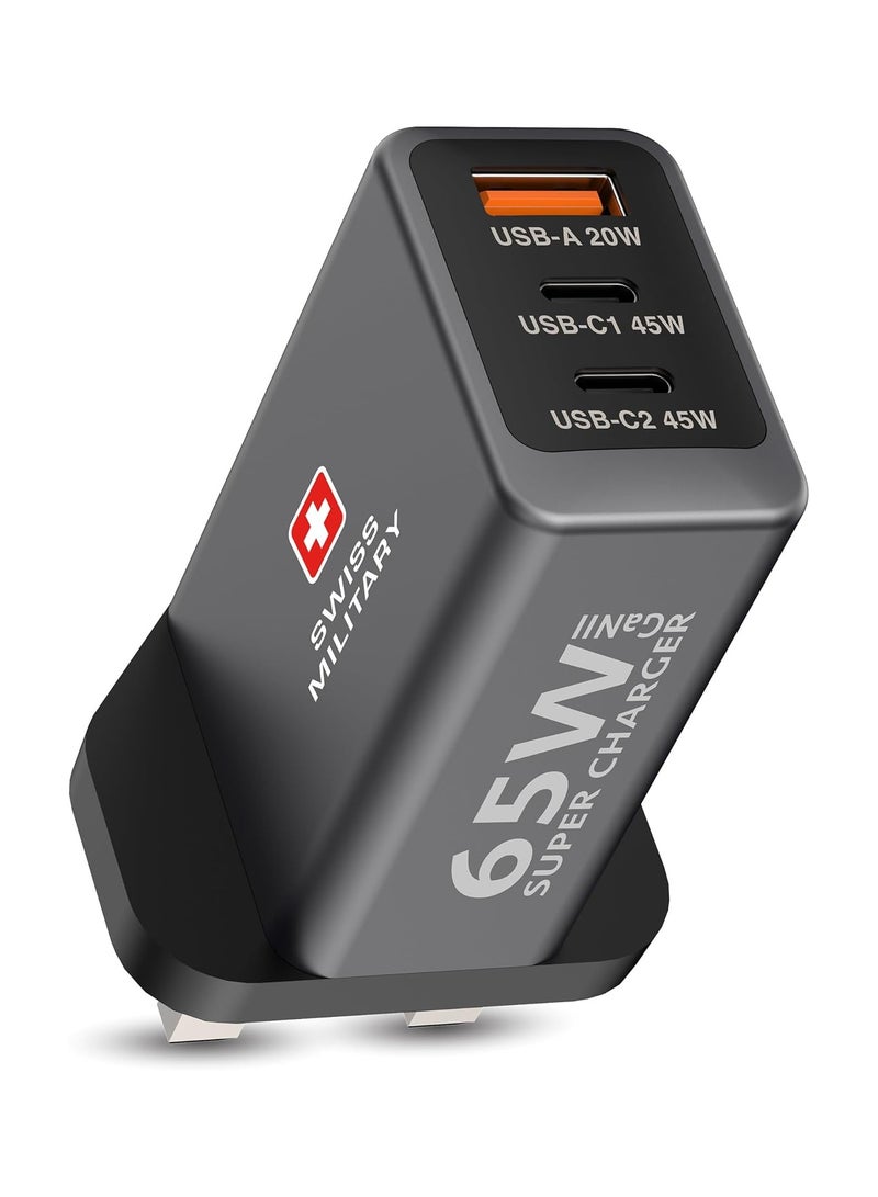 SWISS MILITARY 65W GaN II 3 Port Fast Charger | 2 USB-C PD & 1 USB-A Port | 60W Braided Cable included| Compatible with Macbook/HP/Dell/Lenovo, iPad, iPhone, Samsung, etc | 5Yr Warranty - Image 2