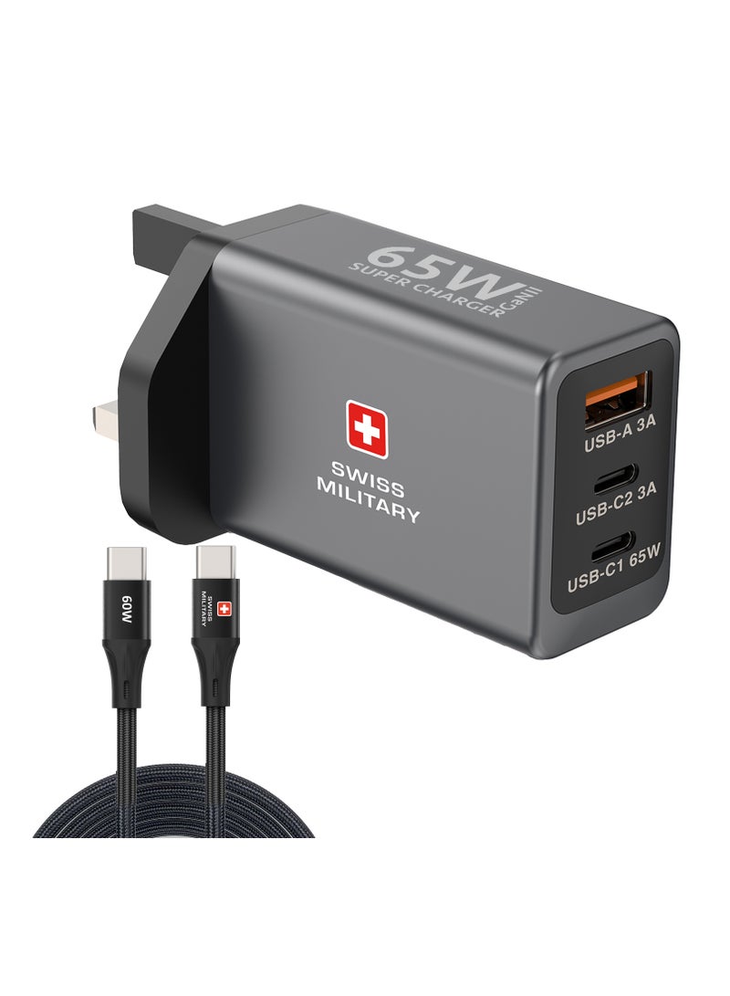 SWISS MILITARY 65W GaN II 3 Port Fast Charger | 2 USB-C PD & 1 USB-A Port | 60W Braided Cable included| Compatible with Macbook/HP/Dell/Lenovo, iPad, iPhone, Samsung, etc | 5Yr Warranty - Image 5