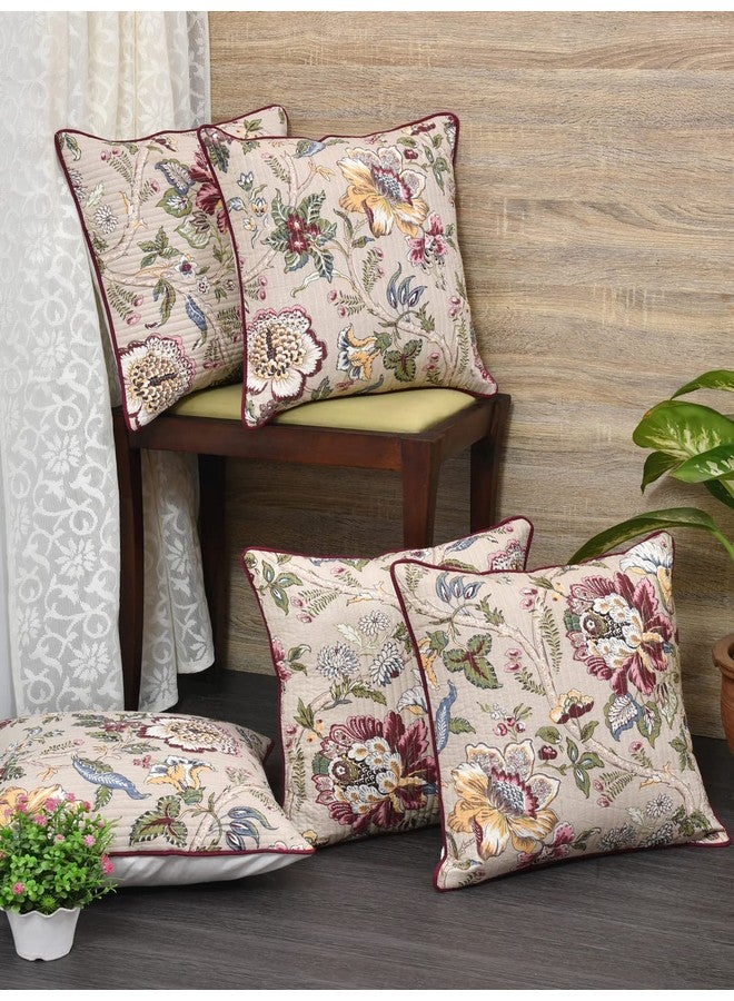 Blushome Cotton Cushion Covers Set Of 5; 22X22 Inches; Multicolor Flowers, 300 TC - Image 2
