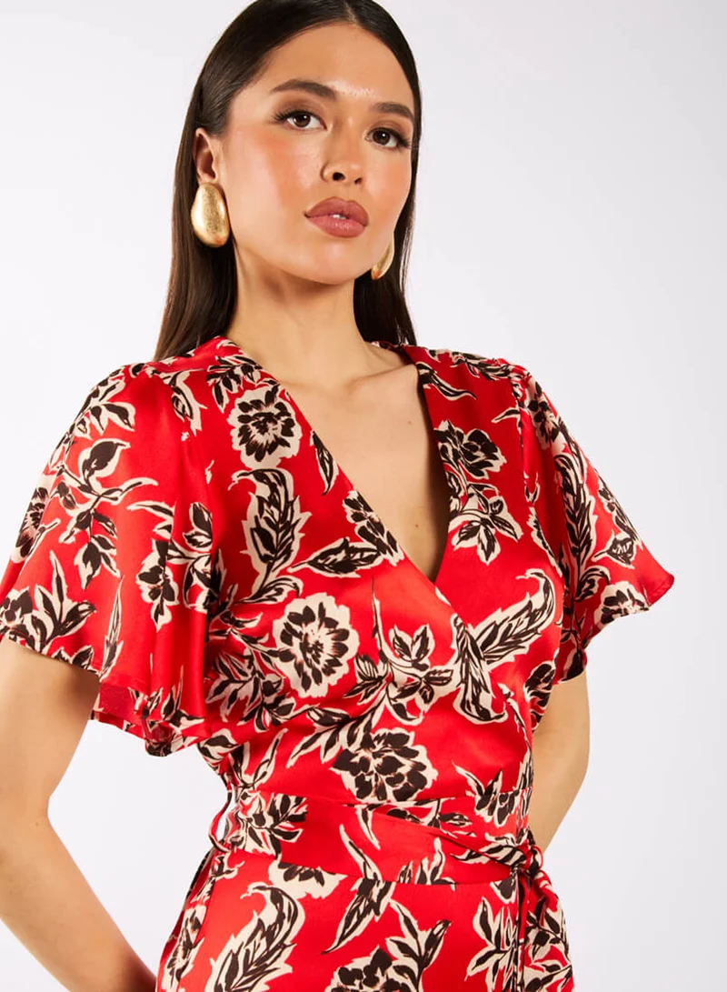 Needs No Label  Red Floral Satin Wrap Midi for Women | Best Price UAE