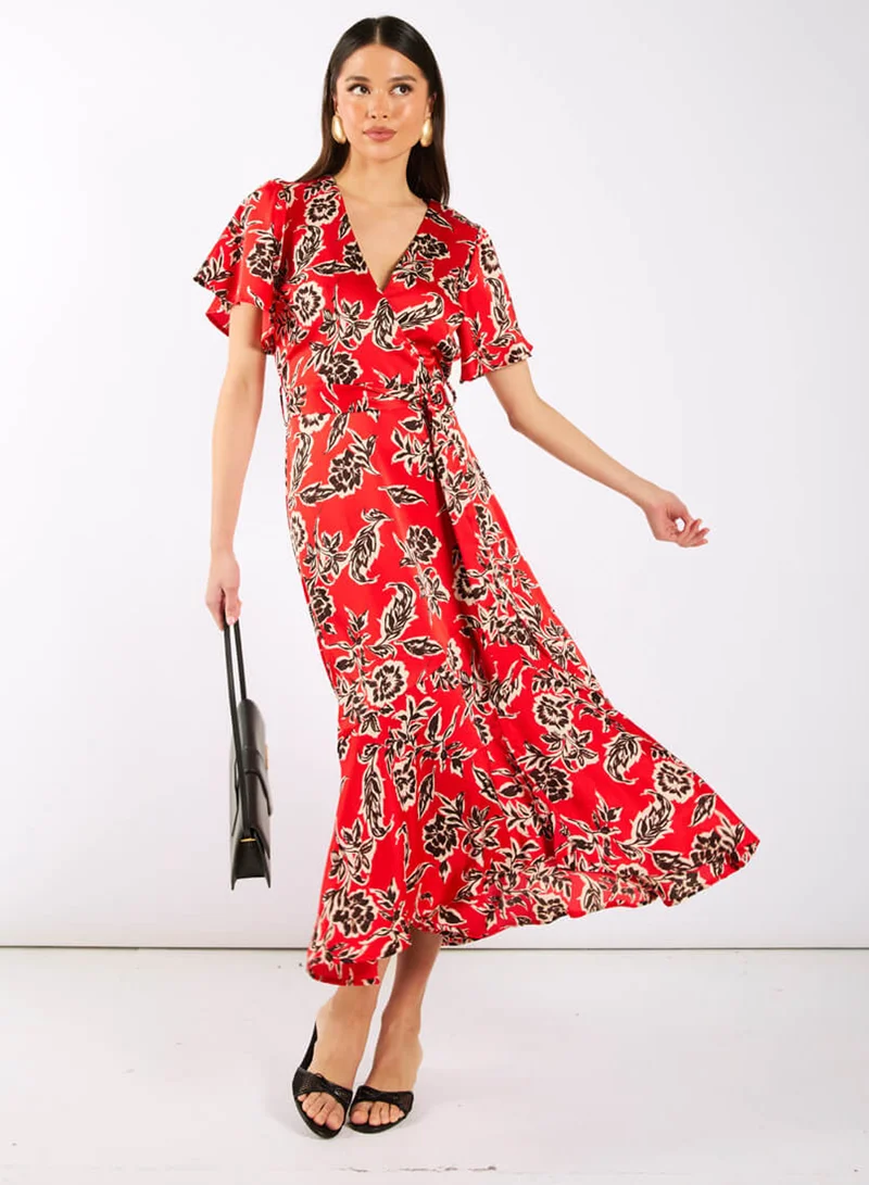 Needs No Label  Red Floral Satin Wrap Midi for Women | Best Price UAE