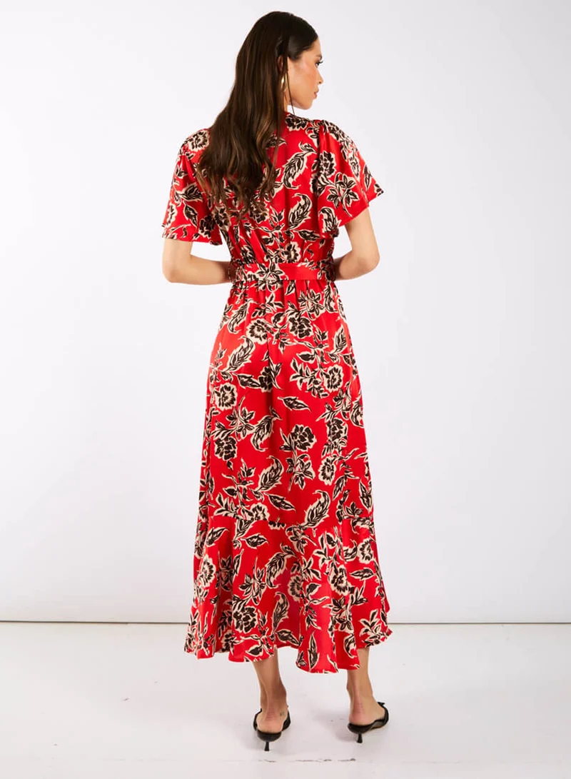 Needs No Label  Red Floral Satin Wrap Midi for Women | Best Price UAE
