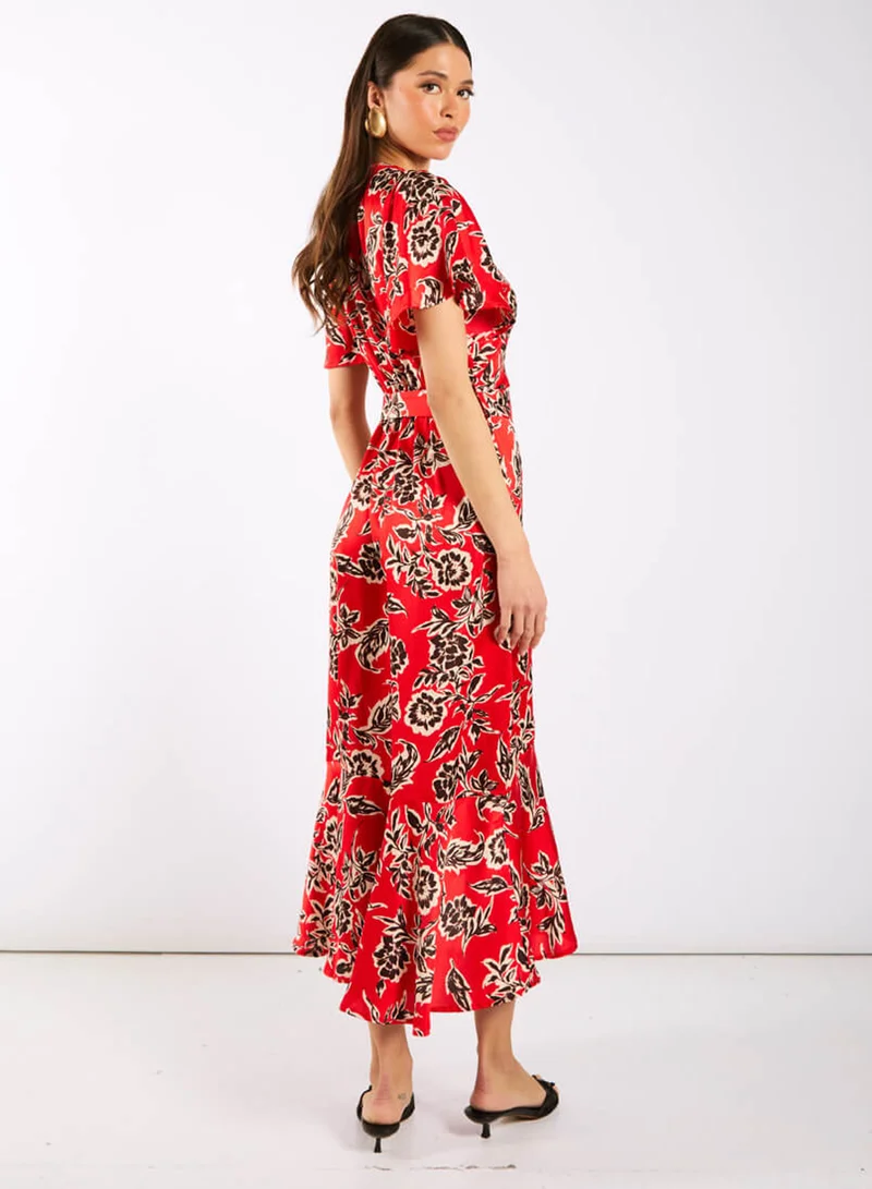 Needs No Label  Red Floral Satin Wrap Midi for Women | Best Price UAE
