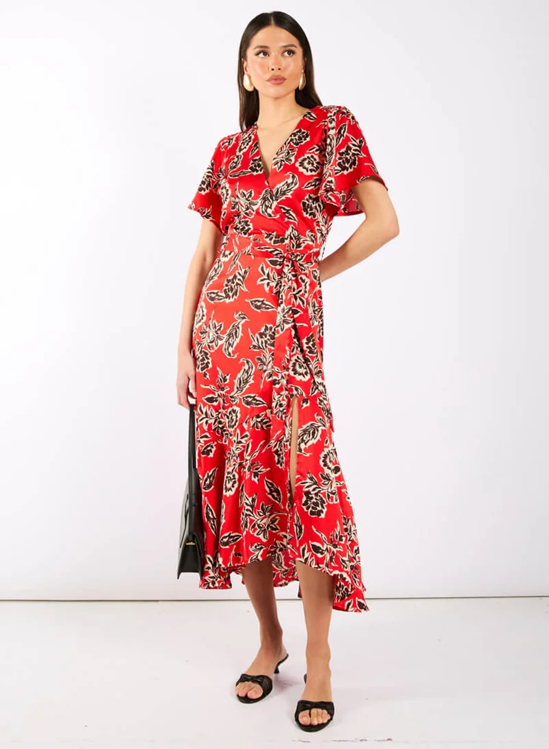 Red Floral Satin Wrap Midi