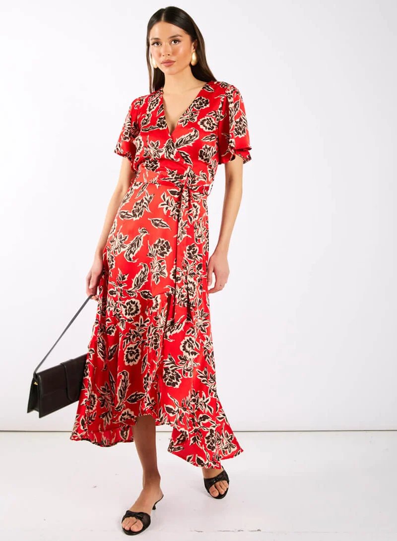 Needs No Label  Red Floral Satin Wrap Midi for Women | Best Price UAE