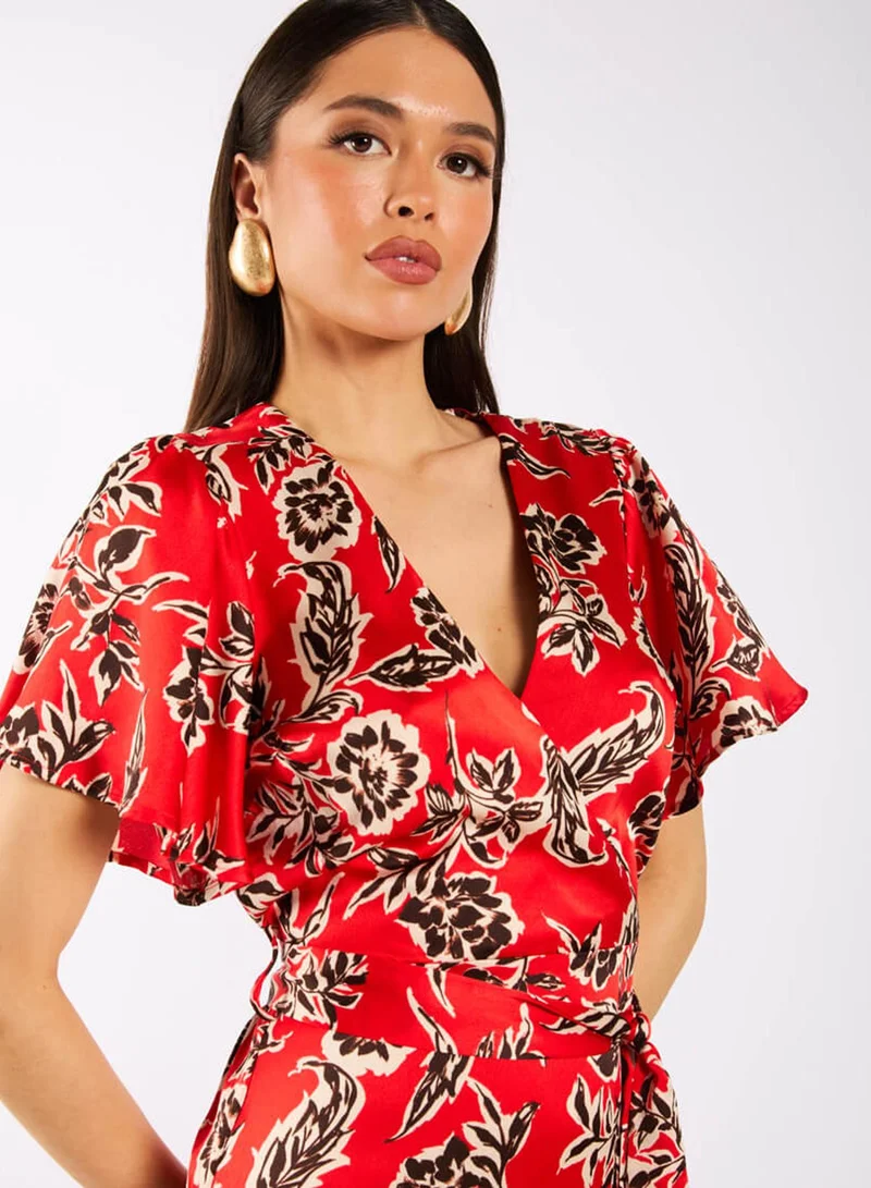 Needs No Label Red Floral Satin Wrap Midi